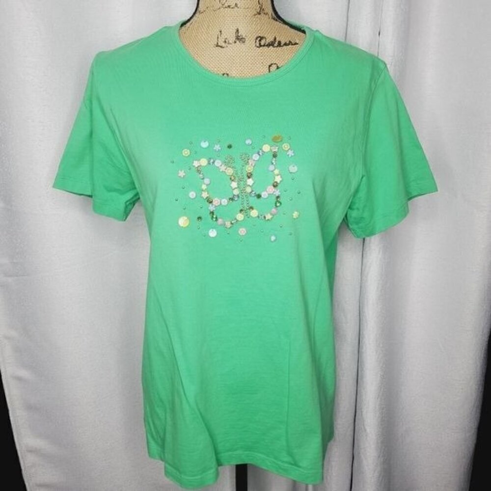 Y2K Lime Green Embellished Butterfly Whimsi T-shirt Large